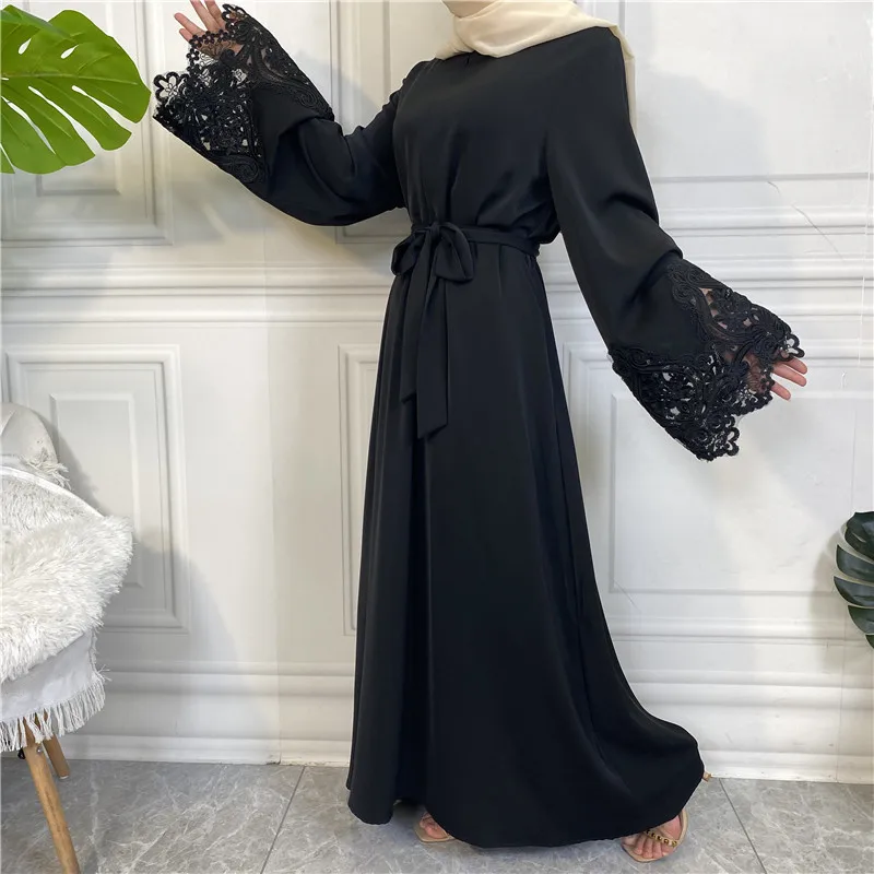 2023 New Muslim Women's Outfit Solid Color Simple Style Lace Long Sleeve Zipper Dress Abaya Dress Vestidos Arabes Dubai Y Turcos