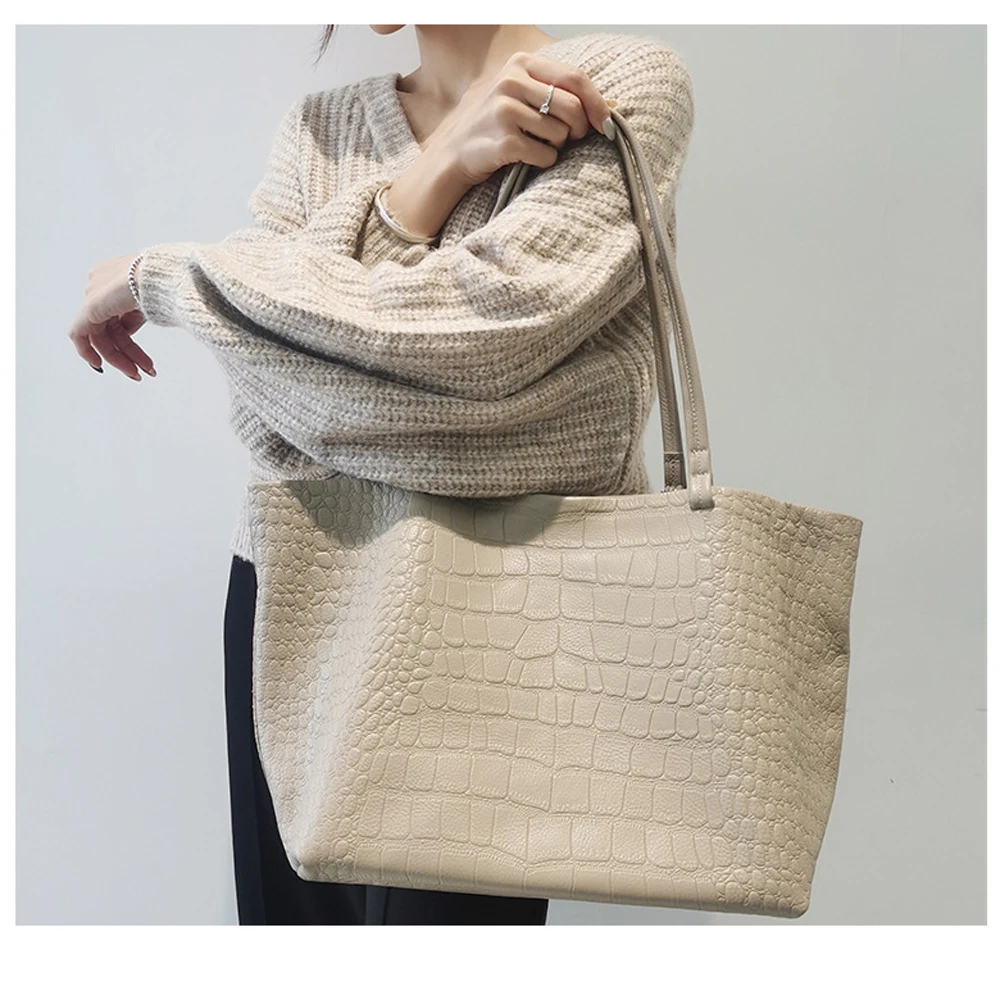 

Fashion Women Leather Bucket Bag Simple Stone Pattern Design Shoulder Bags Big Capacity Cowhide Bag Handbags