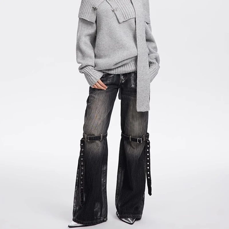 Женские Расклешенные Джинсы С Высокой Талией Готические Широкие Брюки Из