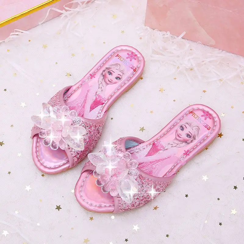 Disney Children's Sandals Frozen Slippers Fashion Elsa Princess Shoes Crystal Flowers Non-slip Blue Pink Silver Girls' Sandals