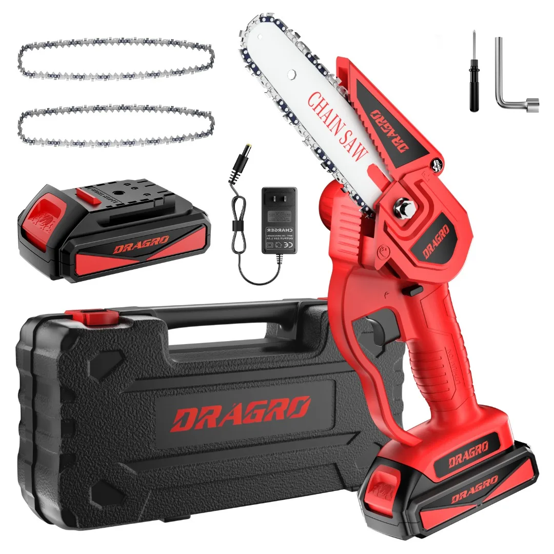 

Dragro 6 Inch 550W Cordless Electric Handheld Chainsaw 21V Rechargeable Battery Powered Wood Branch Pruning Cutting Garden Tools