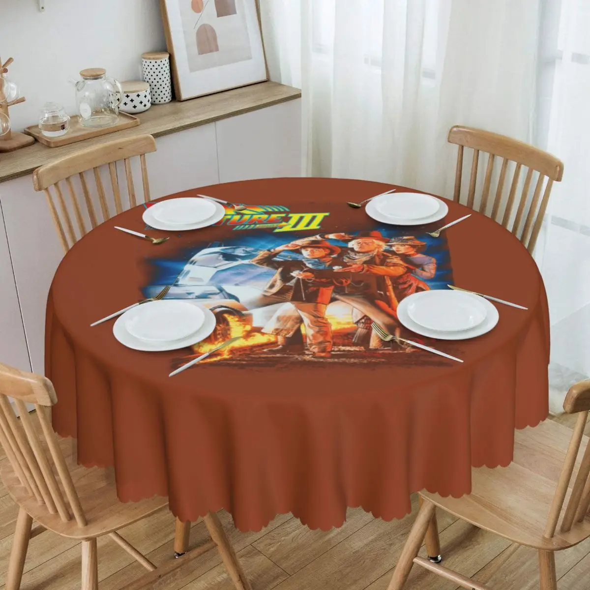 

Round Back To The Future Tablecloth Waterproof Oil-Proof Table Cover 60 inches 80s Sci-fi Adventure Movie Table Cloth