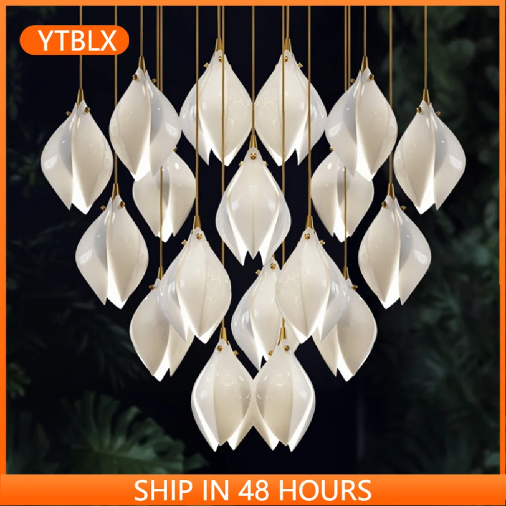 

Modern Ceramic Magnolia Flower G9 Led Chandelier Villa Stairs Petal Led Hanging Pendant Lights White Luxury Led Lamp Fixtures