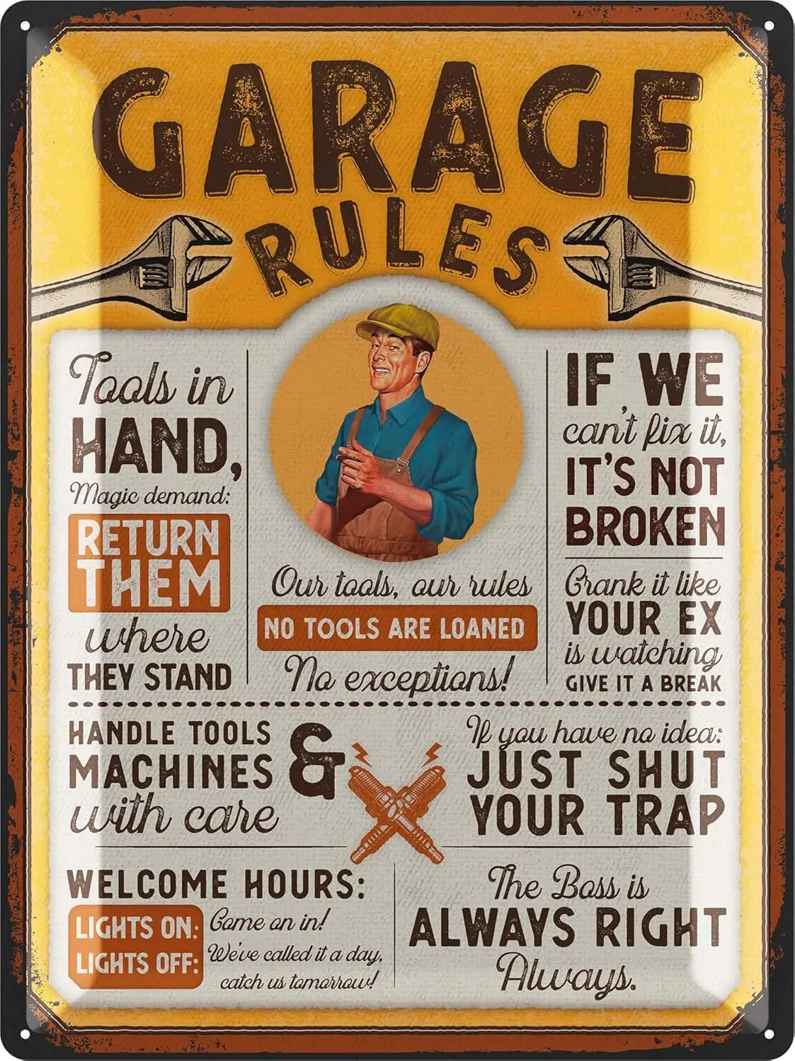 Grge Sgns GRGE RULES Vntge Sgn for Mn Cve Metl Dd Decor Funny Mechnc Men Shop 12x16&quot