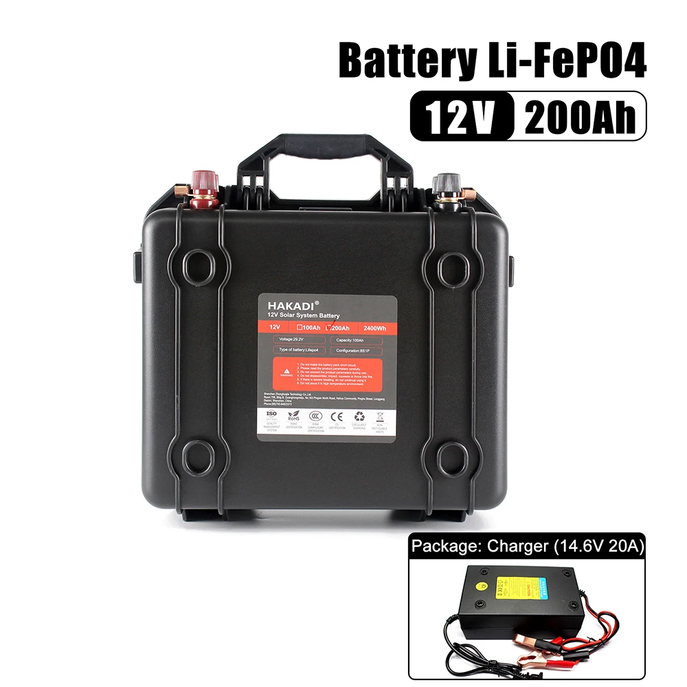 

HAKADI 12V 200Ah Lifepo4 аккумуляторная батарея с BMS для солнечной системы RV Кемпинг наружный резервный источник питания