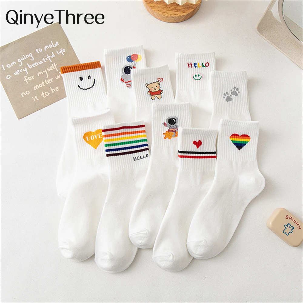 Funny Cartoon Heart Astronaut Stripes Bear Smile Footprint Sport Hipster Harajuku Casual Soft White Cotton Socks Dropship