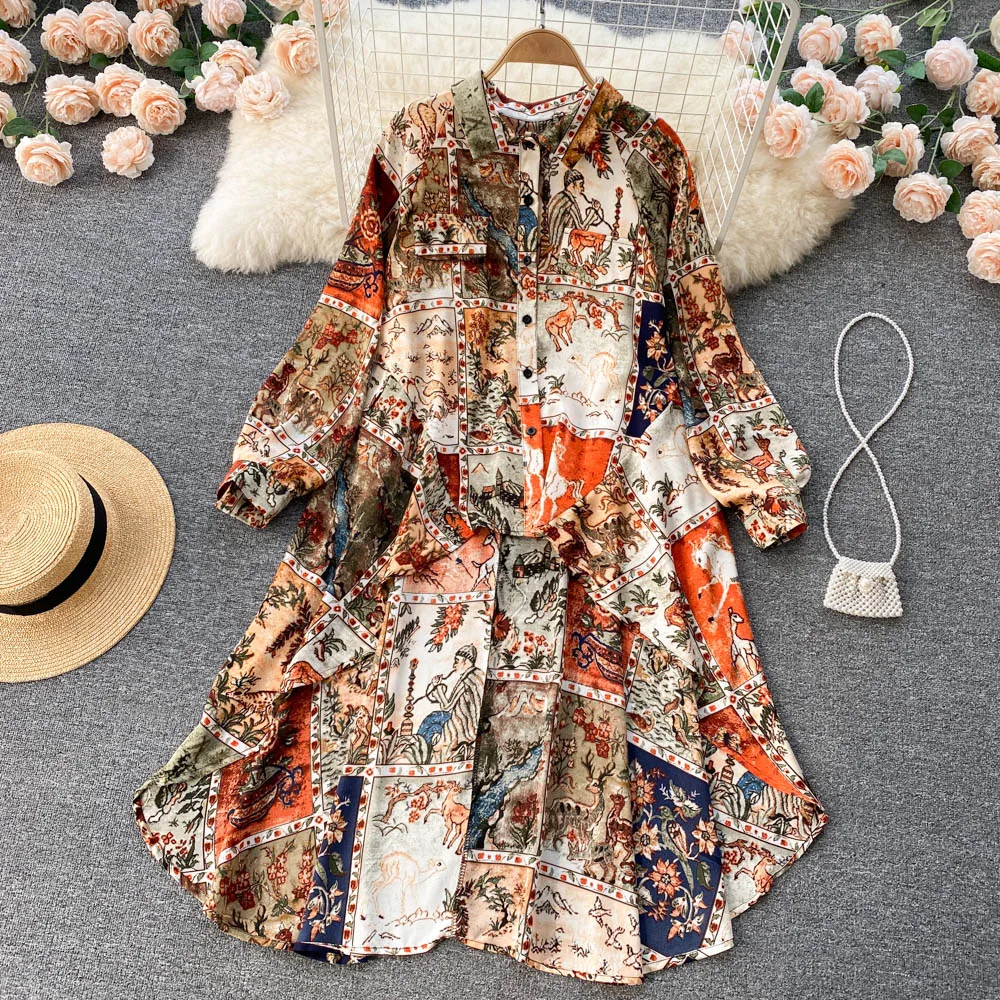 

European and American Fashion Printed Gold Silk Embroidered Shirt Dress Design Sense Bubble Sleeve Loose Long Chiffon Dress