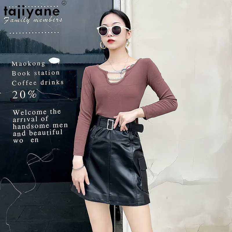 

Женская юбка с высокой талией Tajiyane, черная юбка из натуральной овечьей кожи, элегантная трапециевидная юбка в Корейском стиле, 2023