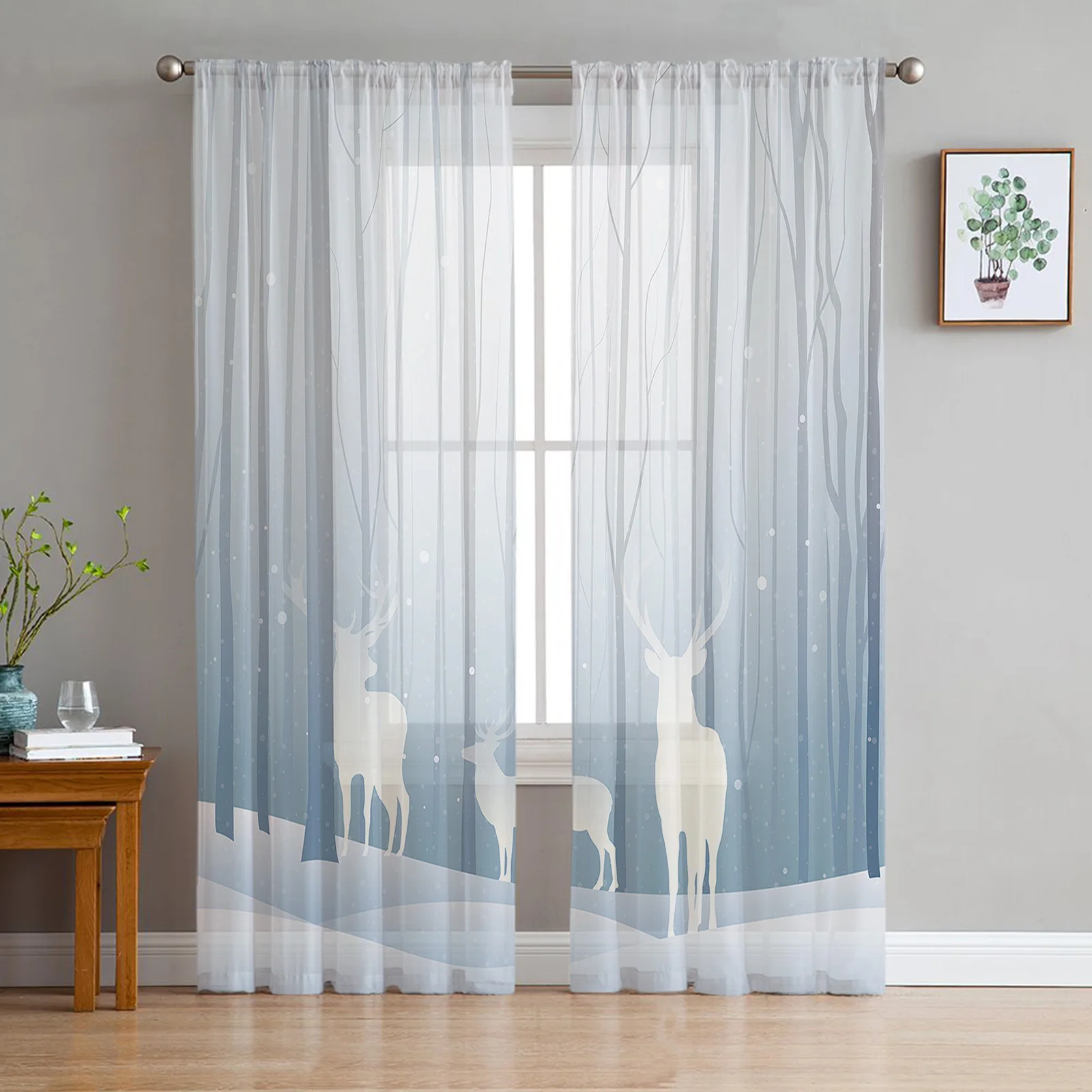 

White Christmas Deer Winter Forest Voile Curtain for Living Room Door Gauze Bedroom Balcony Drapes Kitchen Window Tulle Curtains