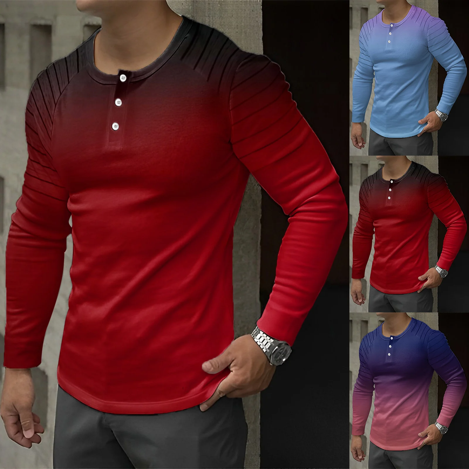 

Male Long Sleeve Gradient Print T Shirt Collarless Button Fit Comfortable Casual Tops Men's T Shirt