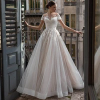 Romantic Scoop Neck Sparkly Tulle A-Line Wedding Dress  Graceful Pleated Appliques Brush Train Vintage Bridal Gown