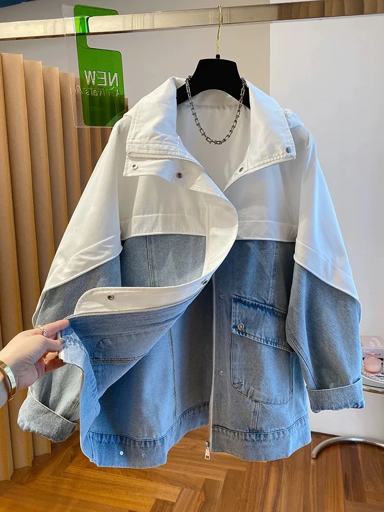 SuperAen Европейская мода 2024 Осенняя новая куртка из контрастной Джинсовой Ткани в