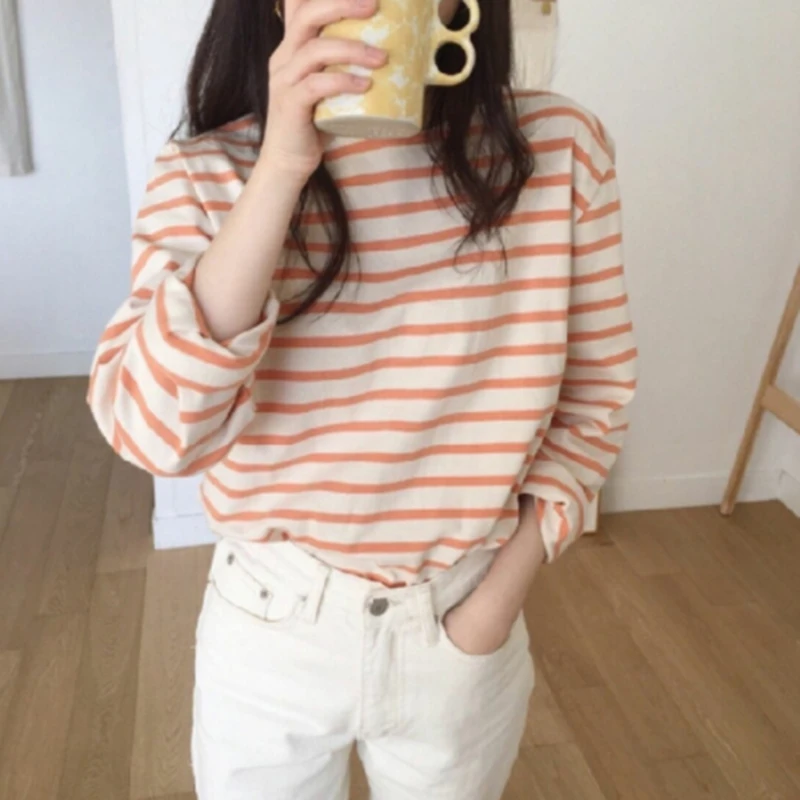 

Loose Cotton Striped T-Shirt Women Autumn New Long Sleeve O-Neck Korean All-match Basic Woman Tops Femme Tees T-shirts
