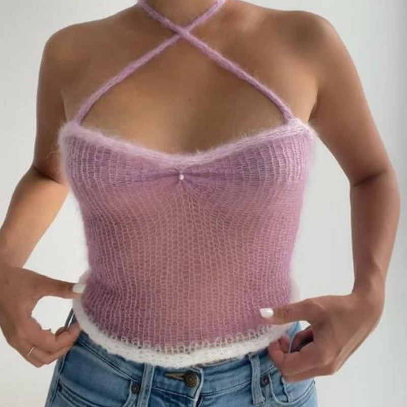 

Женский короткий топ с открытой спиной, винтажный трикотажный топ с лямкой на шее, Милая Мини-майка для девушек в стиле ретро 1920-х, летняя эст...