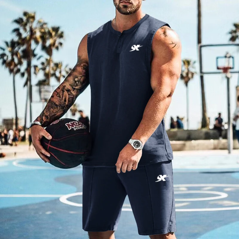 Summer Men's Henley Shirt Cotton and Linen Fabric Comfortable Solid Color Short Sleeve + Casual Shorts High Quality Two-piece Se