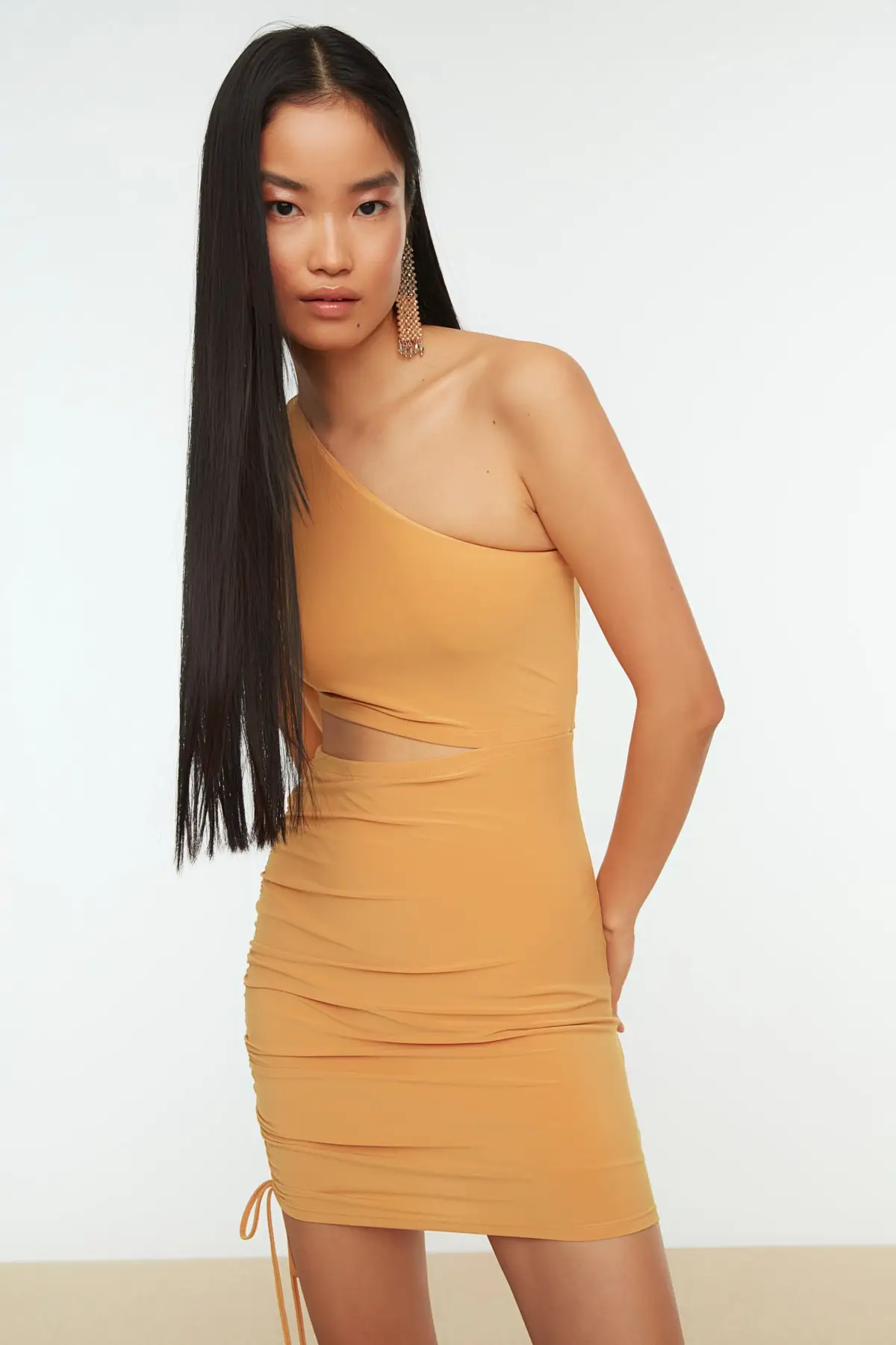 Mustard Sleeve Detail Dress TPRSS21EL0179 Tek Fashion Forward Straight Night Bodycon Asymmetrical Neckline Mini Yellow Sandy Long Polyester