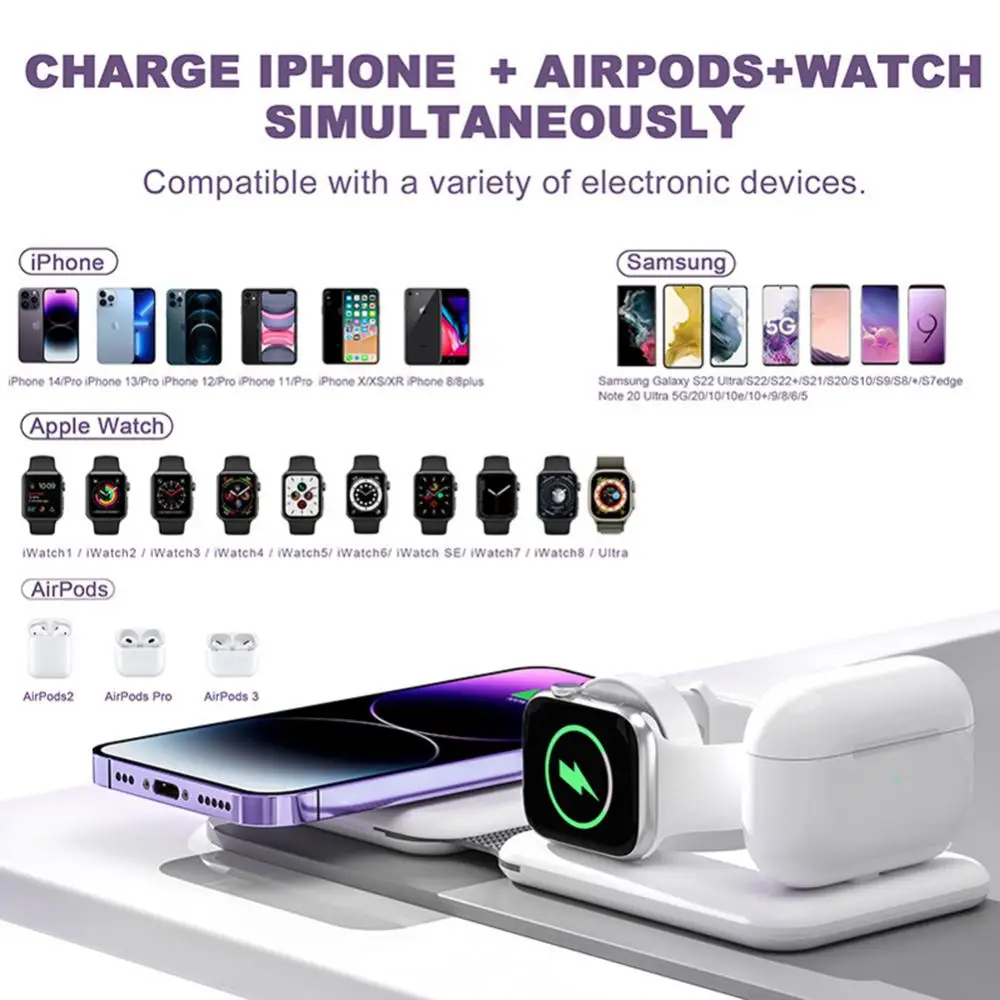 

15w Fast Desktop Stand Wireless Charging Three-in-one Mobile Phone Watch Headset Charger Magnetic Folding Portable For Airpods