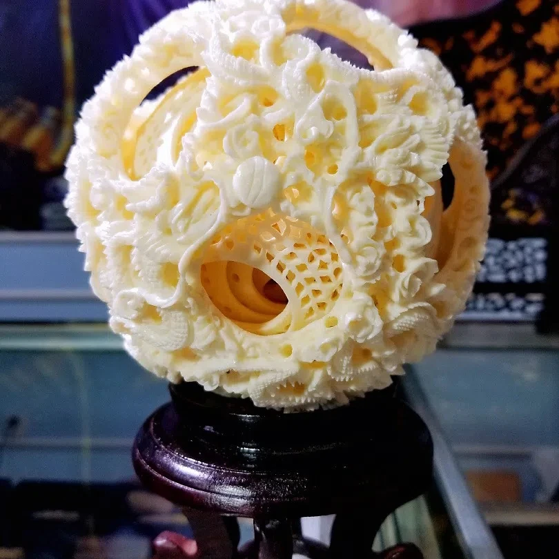 Natural Mammoth Ivory Dragon Phoenix Chengxiang Twelve Story Ghost Work Ball Decoration Antiques Collection Home High-End Decora