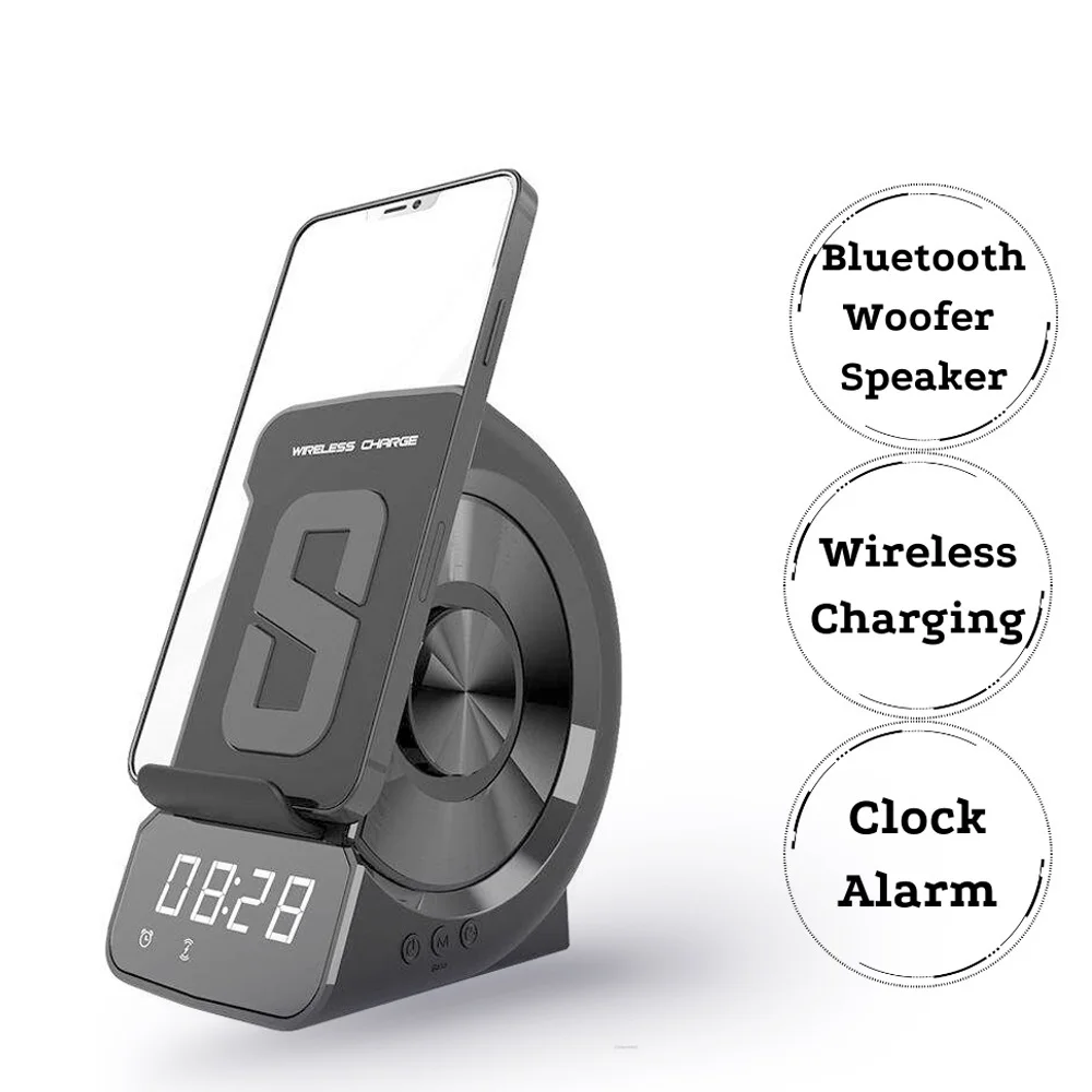 

NEW 3 In 1 Wireless Charging Stand Bluetooth Speaker Music Player With Digital Screen Display Alarm Clock Mobile Phone Charger