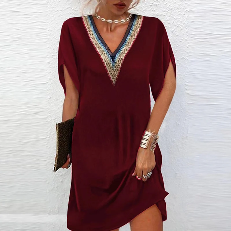 

Women Fashion Contrast V Neck Commuting Dress Spring Solid Straight Party Pullover Dress Summer Short Sleeve A-Line Ladies Dress