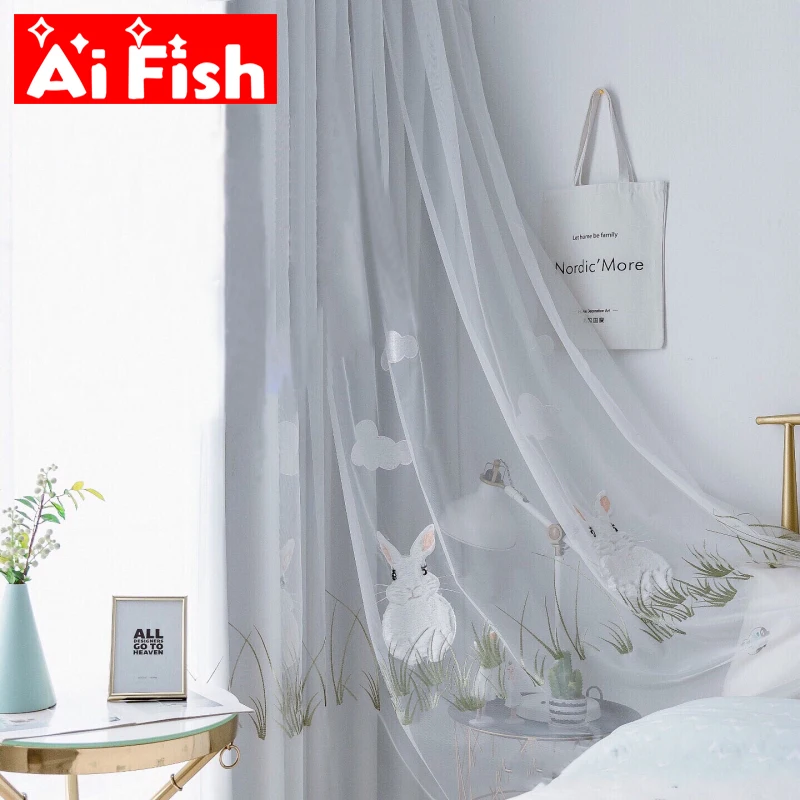 

Flocking Rabbit Cartoon Tulle Curtains for Bedroom Window Curtains for Baby Kids Gray Solid Curtain Drapes for Living Room #40