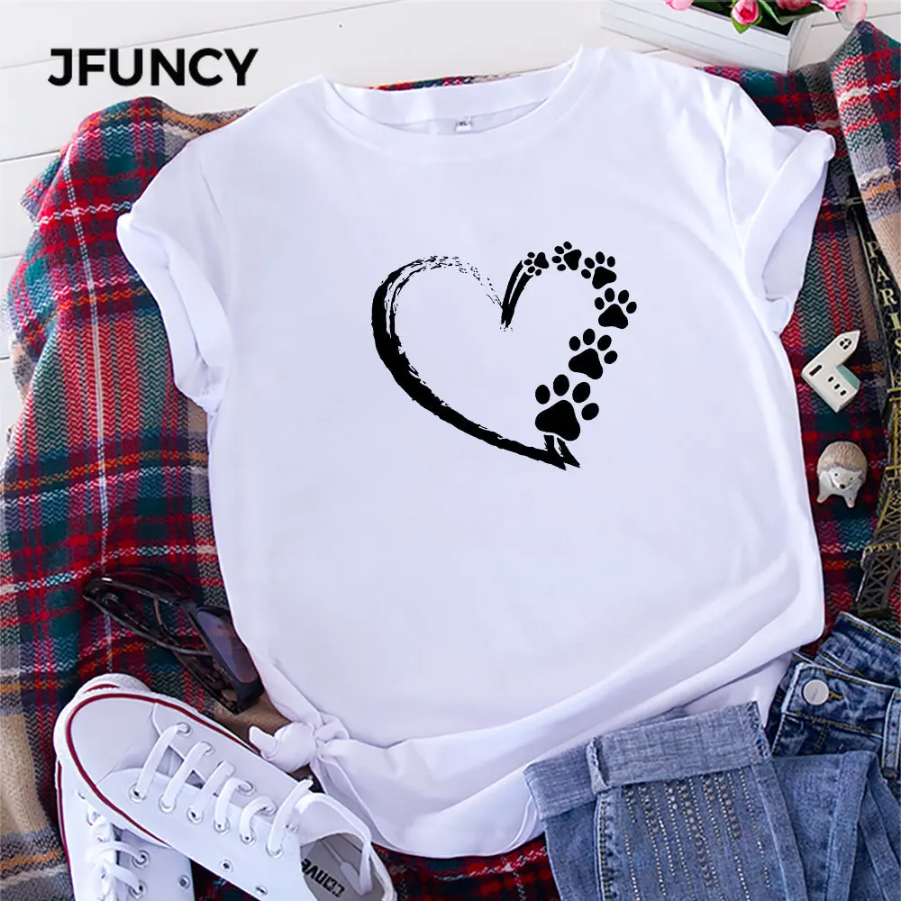 JFUNCY  Women's Tops 100% Cotton Loose T Shirt Love Print Woman Tees Female Summer T-shirt Short Sleeve Lady Tshirt