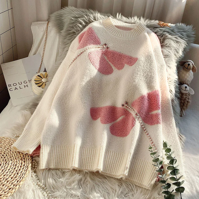 

Sweet Style Beaded Knitted Women Sweater Pullovers Spring New Long-Sleeved Loose Thicken Warm Female Pulls Outwear Tops