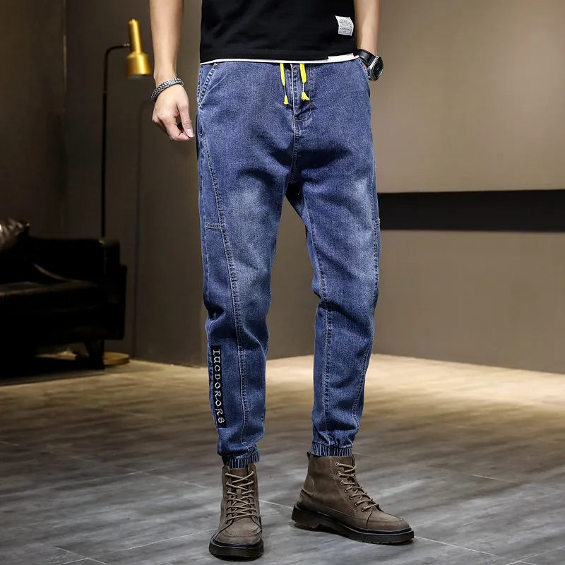 

2022 Men's Elastic Waistband Lace-up Stitching Skinny Jeans Youth Slim Korean Casual Jeans