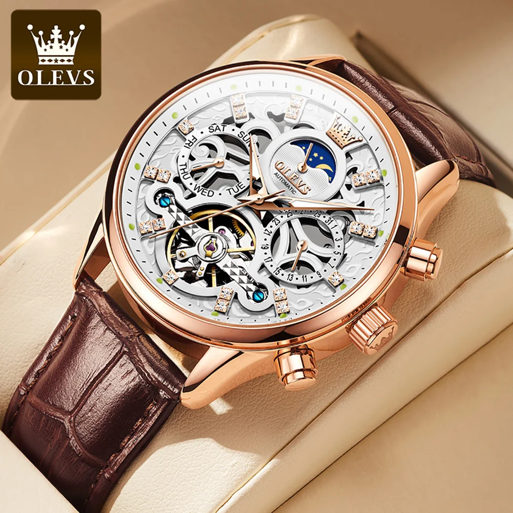 OLEVS Fashion Tourbillon Watches for Men Mechanical Watch Waterproof Hollow out Skeleton Automatic Wind up Male Wristwatch