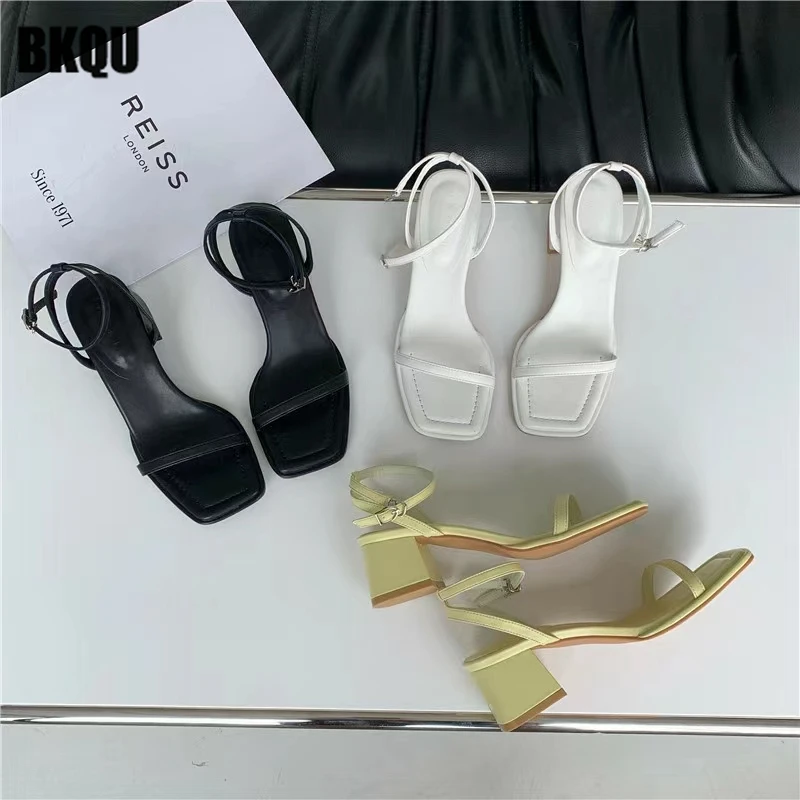 

2022 New Summer Women Sandals Narrow Band Thick Heels Ladies Fashion Dress ANkle Straps Pumps Female Square Toe Shoes Design