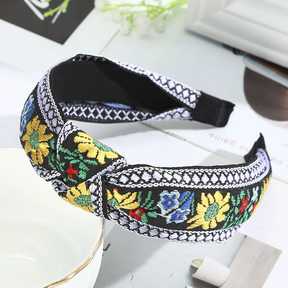 

New Embroidery Flower Headband Head Bezel for Women Headbands for Women Designer резинка для волос Cross Knotted Hair Hoop