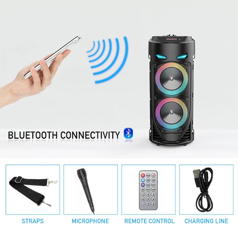 New Dual Speaker Bluetooth Speaker Wireless Column High Power Stereo Portable Subwoofer with Microphone for Family Party Karaoke