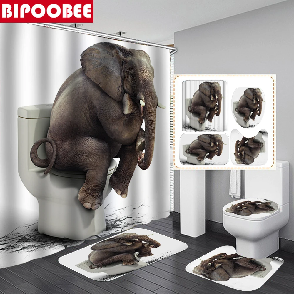 

3D Funny Elephant Shower Curtains Bathroom Curtain Set Pedestal Rugs Bath Mats Toilet Lid Cover Non-Slip Carpet Home Decor