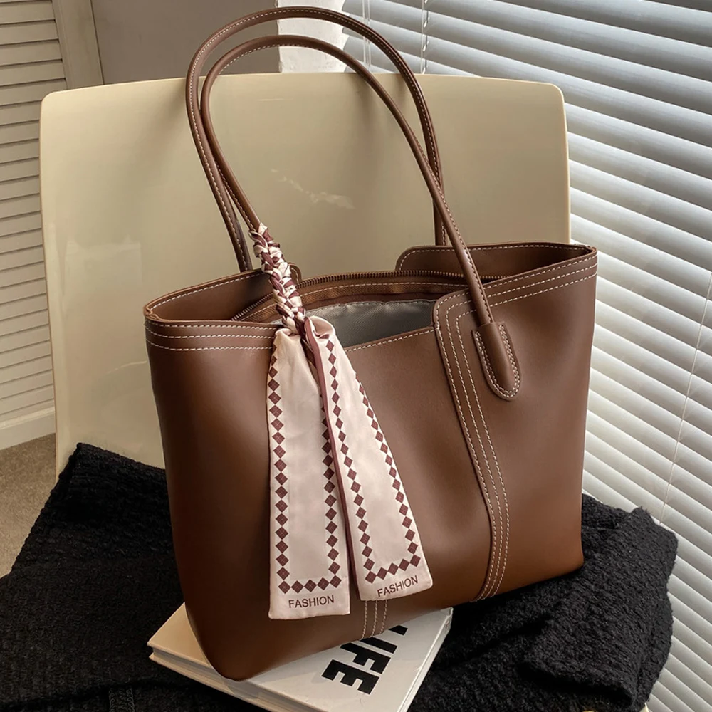 

PU Leather Tote Bags Women Luxury Designer Vintage Simple Shoulder Handbag Casual Large Capacity Ladies Shopping Bag Reusable