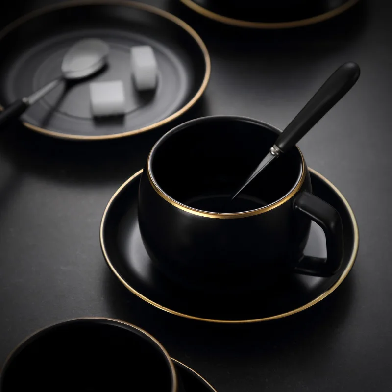 

Modern Black and White Ceramic Coffee Cup and Saucer Set Simple Matte Gold Rim Water Cup Business Nordic Afternoon Tea Cup Gift