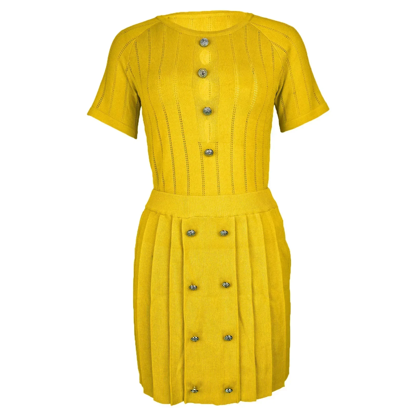 Горячий новый летний вязаный укороченный топ с круглым вырезом и мини-юбка