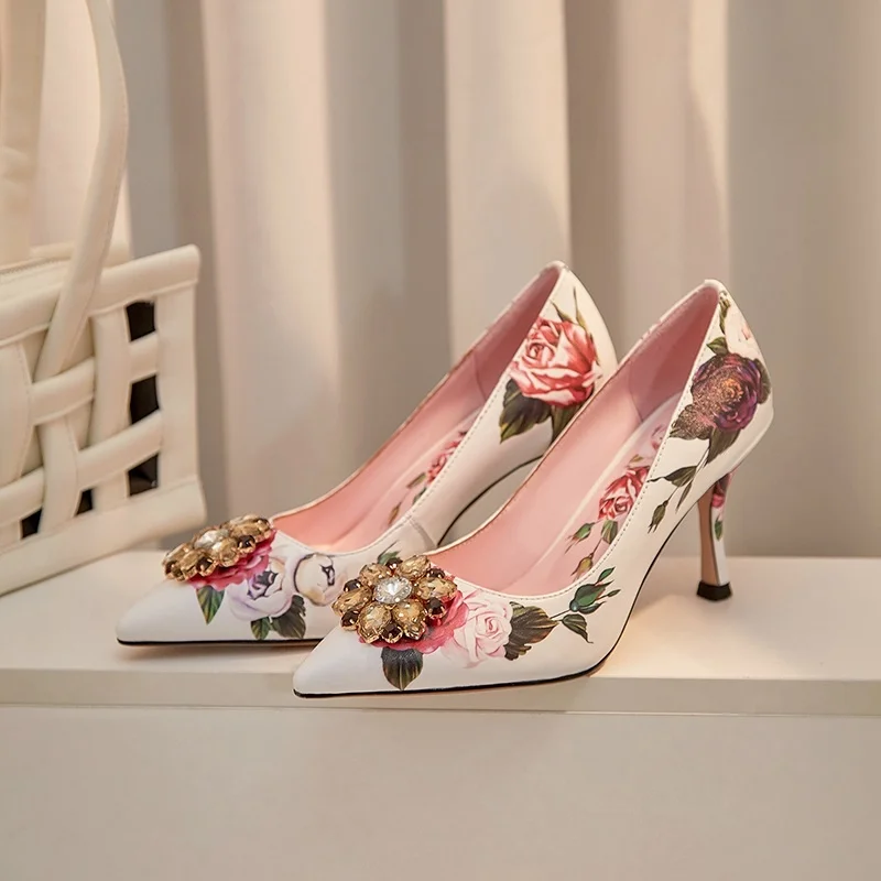 

Sexy Wedding Shoes Heels Slip On Print Leather Pointed Toe Novelty High Heel Crystals Ladies Sweet Pumps