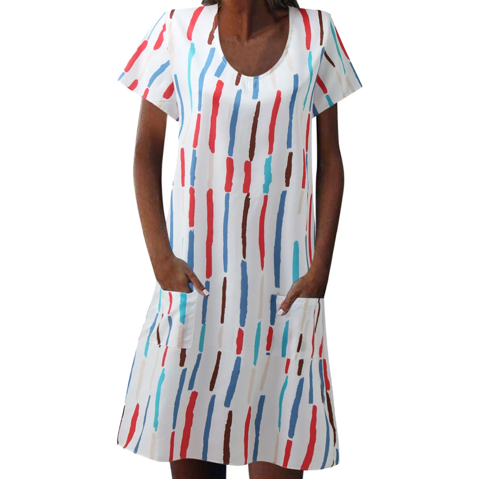 

Женское длинное платье с круглым вырезом, коротким рукавом и карманами