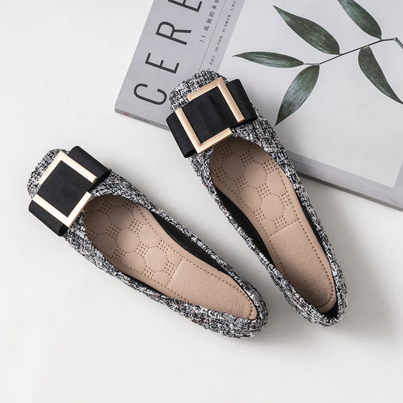 

Mixed Color Plaid Flat Shoes Woman Famous Designer Bow Knot Knitting Flats Metal Buckle Mules Shoes Ladies Soft Loafers Size 42