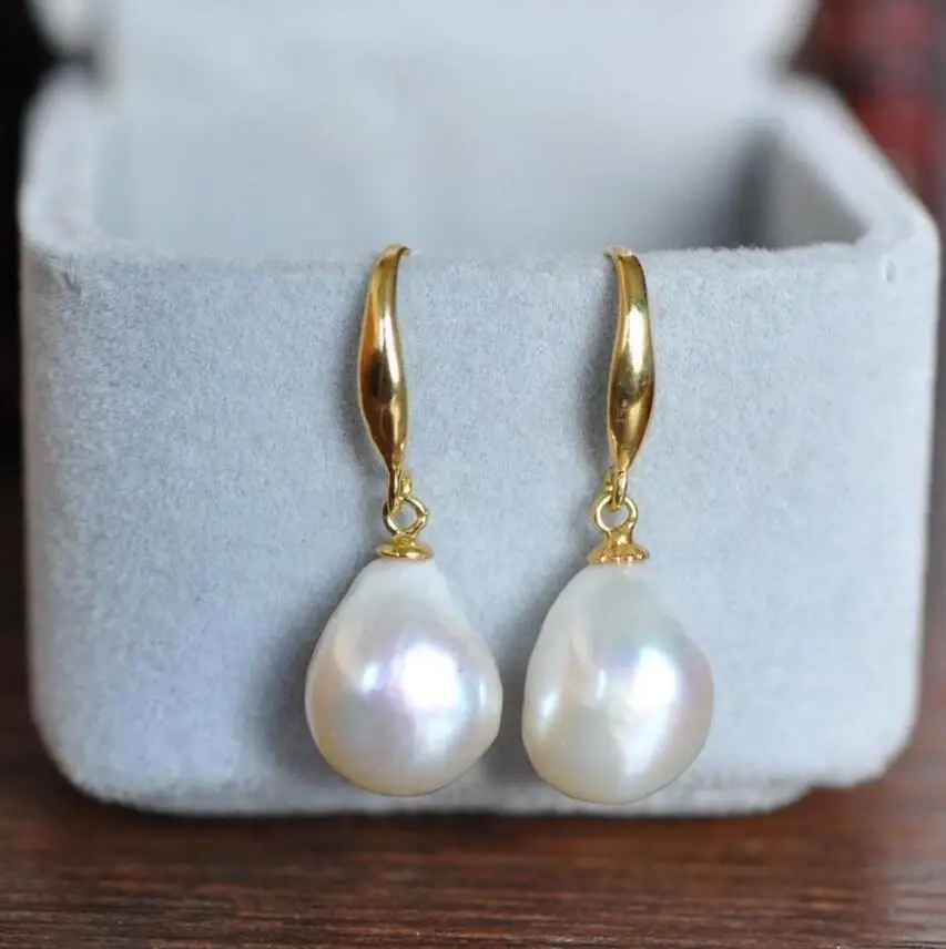 

AAA 12-10mm South Sea White Baroque Pearl Earrings 14 YELLOW GOLD