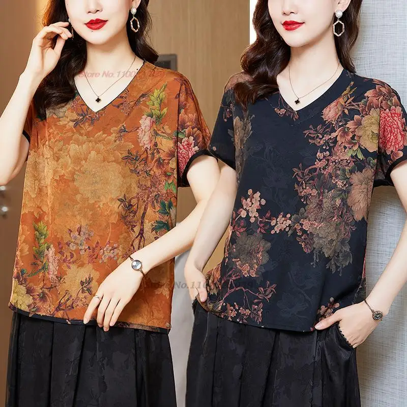 2023 chinese retro satin blouse ethnic two-sided wear shirt oriental flower print v-neck loose tops tang suit chinese blouse