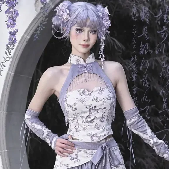 Оригинальный фиолетовый топ с бретелькой на шее и кристаллами тонкая майка