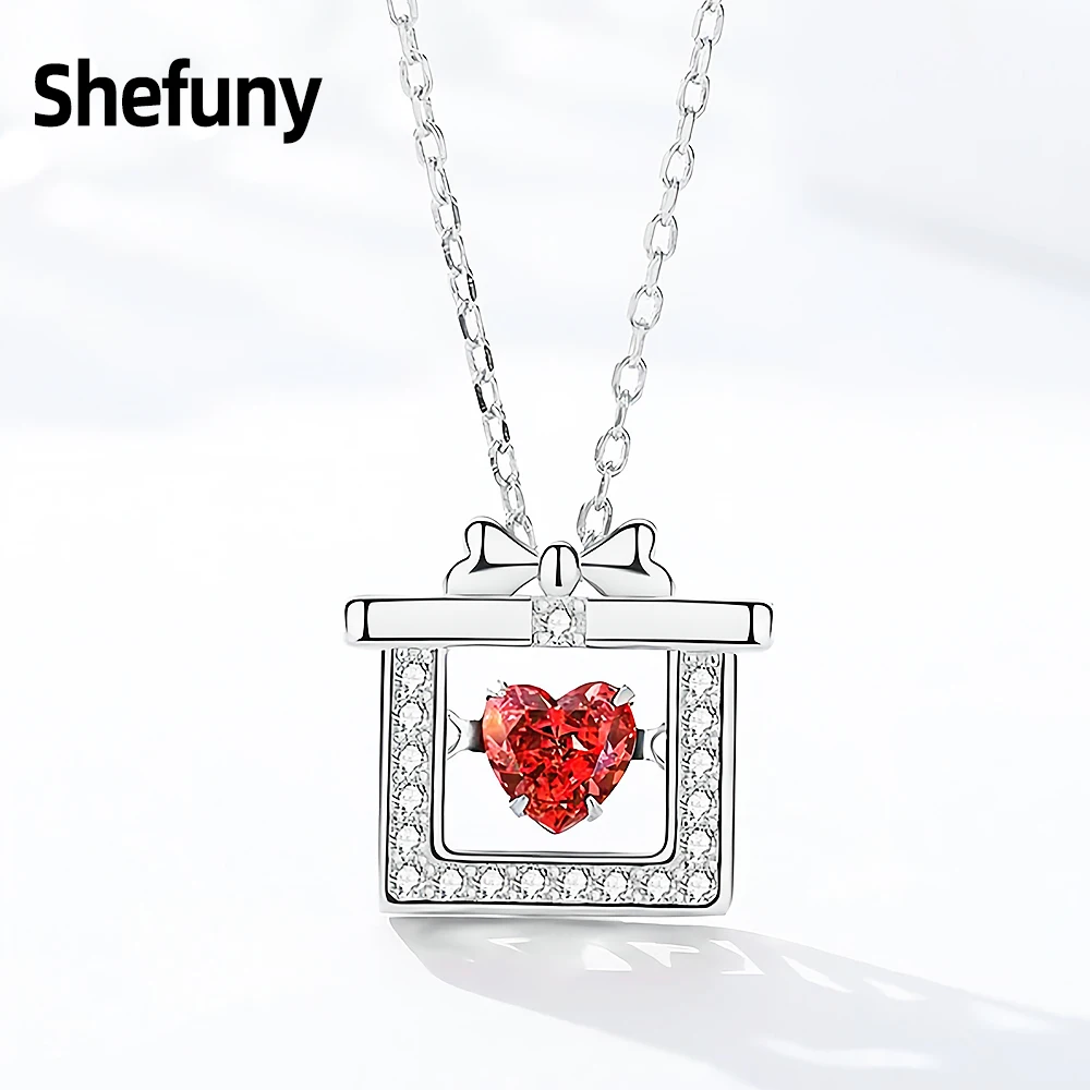 

925 Sterling Silver Gift Box Pendant Chain Heart Love Red Cubic Zirconia Necklace For Women Valentine's Fine Jewelry Engagement