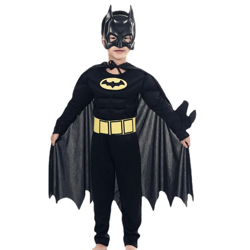 

Black bat Kids Boys Muscle Costumes with Mask Cloak Movie Character Superhero Cosplay Halloween Party Role Play