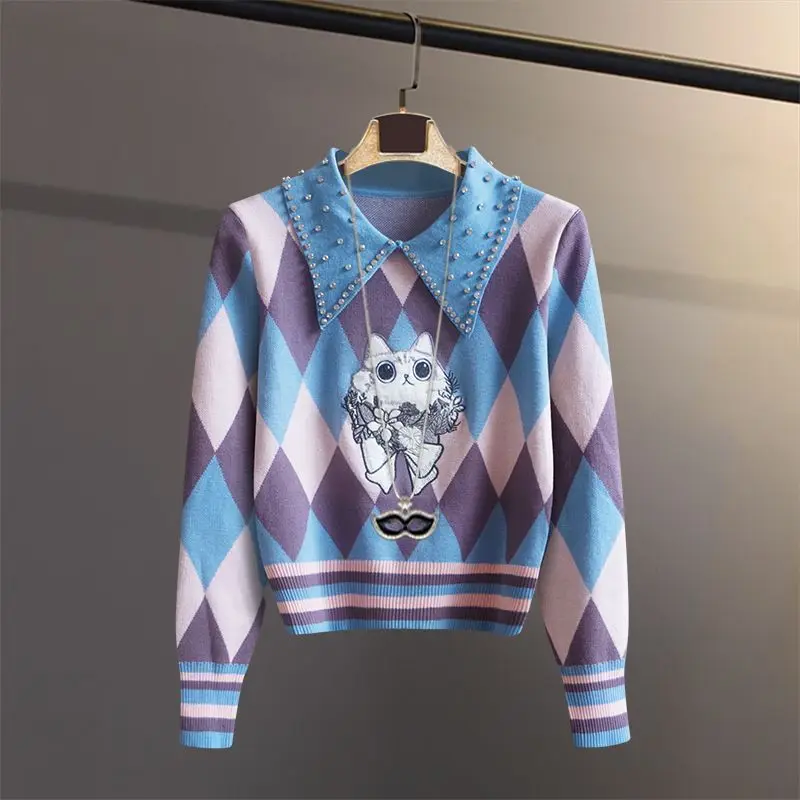

Fall Winter Women's Peter Pan Collar Knitted Pullovers Design Style Long Sleeve Sweaters Ladies Casual Elegant Jumpers