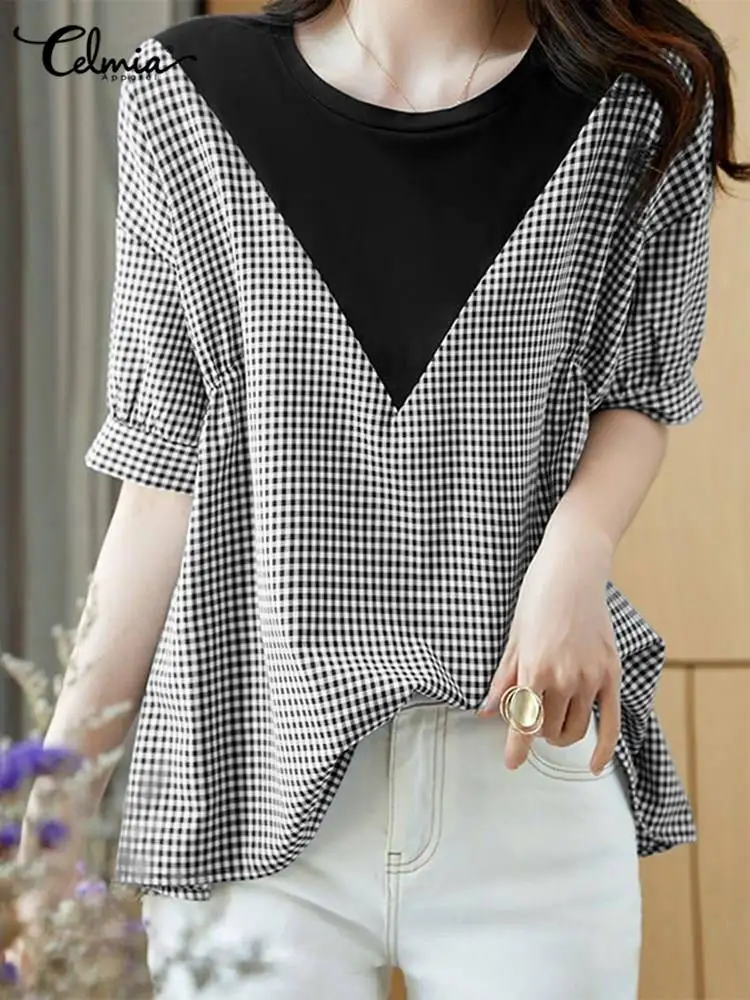 

Celmia Korean Style Femme Blouses Office Lady Women Color Blocking Plaid Shirt Causal Stylish Half Sleeve O Neck Tops Chemise
