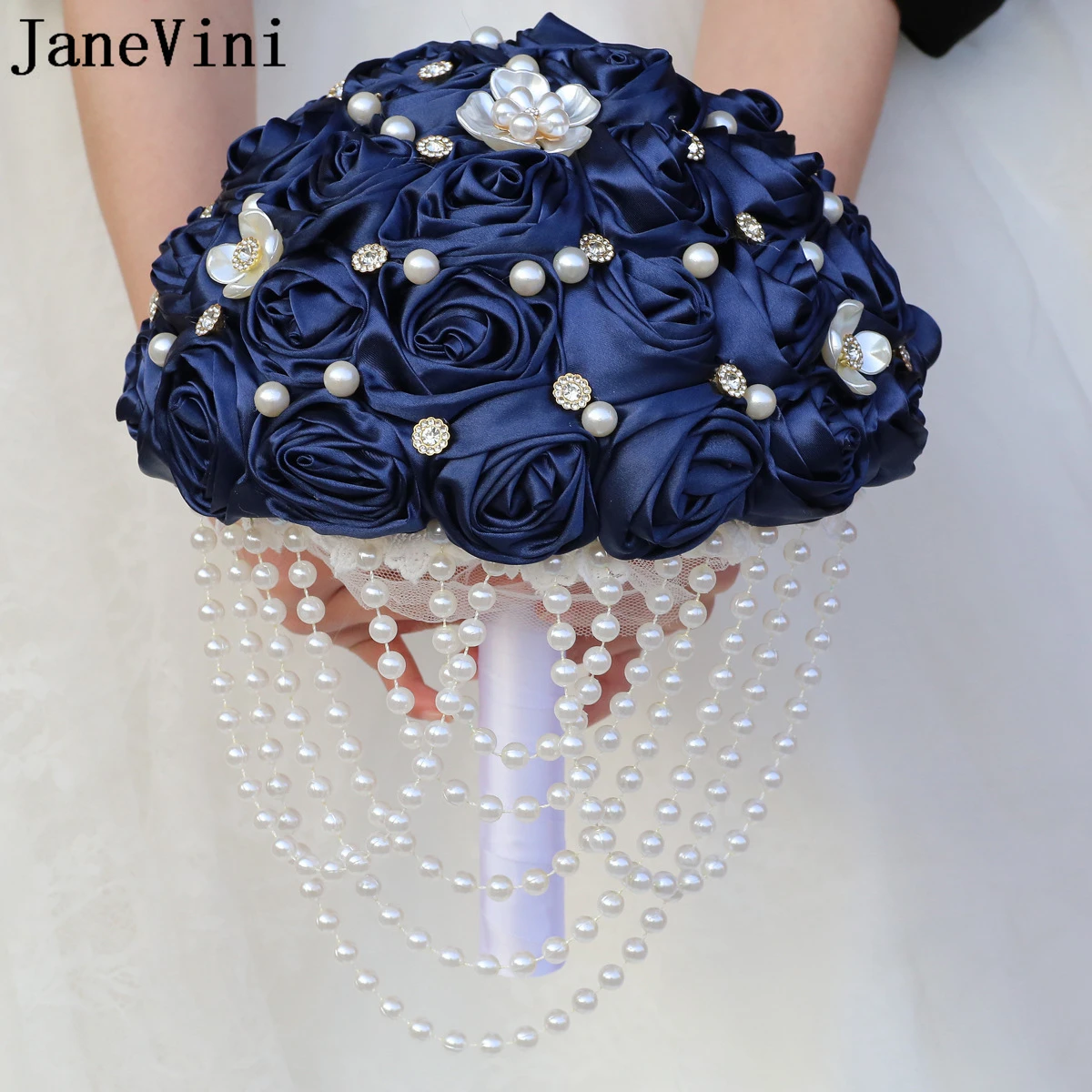 JaneVini Темно-синий жемчужный букет для невесты Цветочная лента Розы Водопад