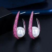 creative half round micro pave hot pink red cubic zirconia pearl drop earrings for women unique fine jewelry