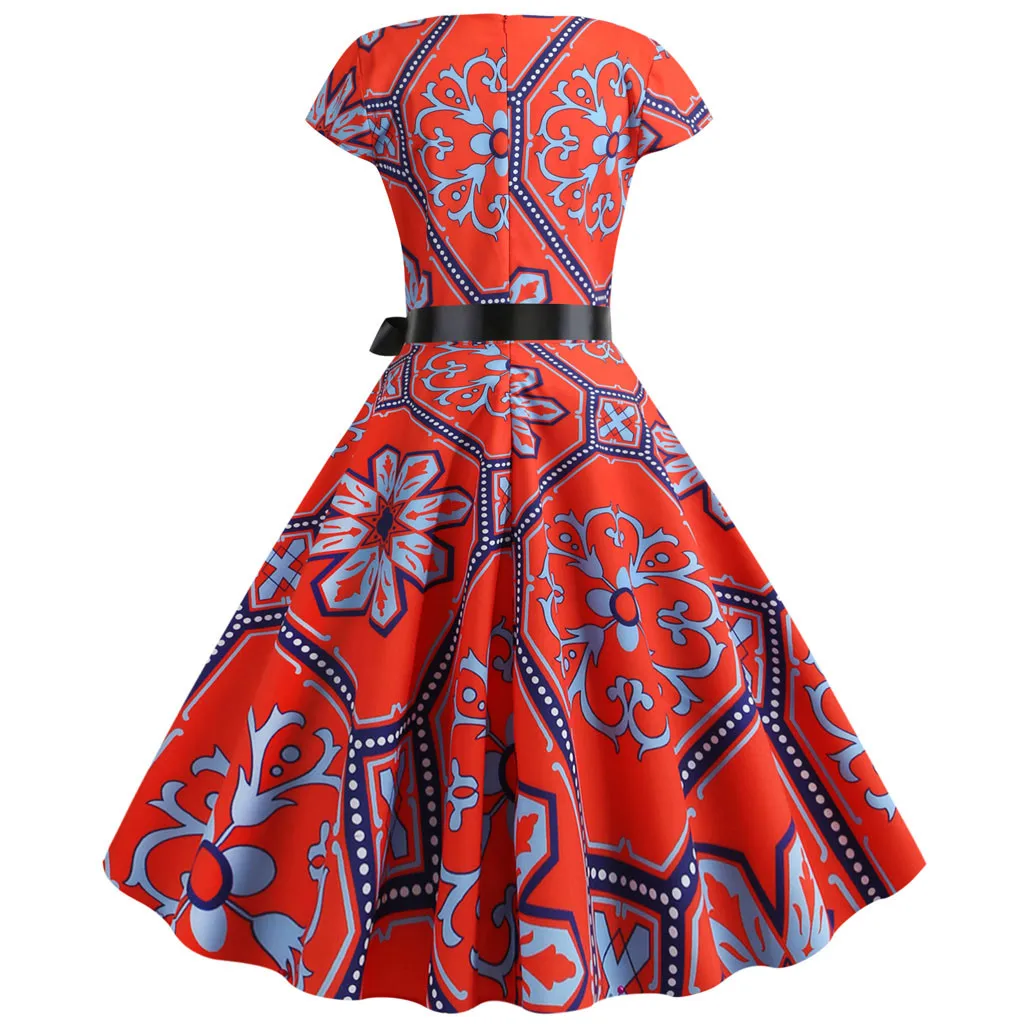 

Women Vintage Short Sleeve Swing 50s Housewife Casual Evening Party Prom Dress Drawstring Dresses for Women