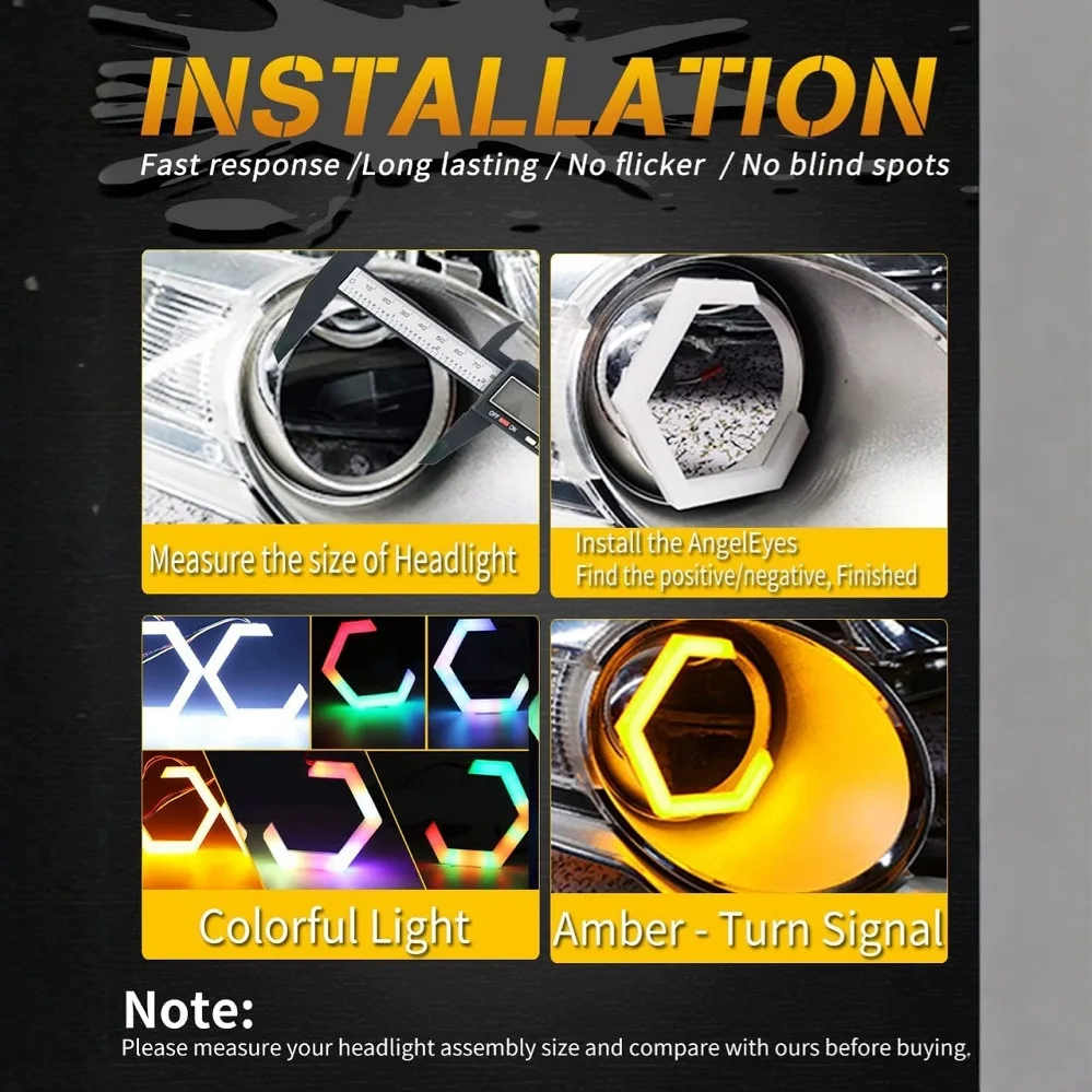 Фото 2 шт. RGB APP Control Hexagon Angel Eyes Halo Rings Модернизированная фара автомобиля Мотоцикл Белый DRL + Янтарный указатель поворота 12 В 24 В №4